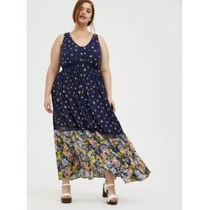 NEW Torrid 4x Chalis Navy Floral Mixed Print Button Smocked Maxi Dress Size